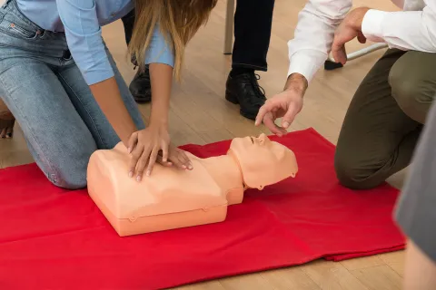 Mitarbeiter eines Unternehmens üben im Erste-Hilfe-Kurs die Herzdruckmassage an einer Puppe. © Shutterstock, Andrey_Popov