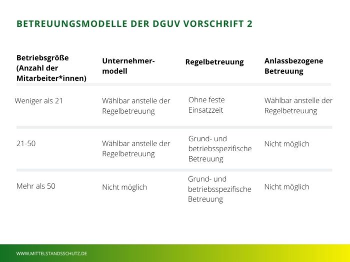 Grafik zur Übersicht über die Unterscheidung von Unternehmermodell und Regelbetreuung.