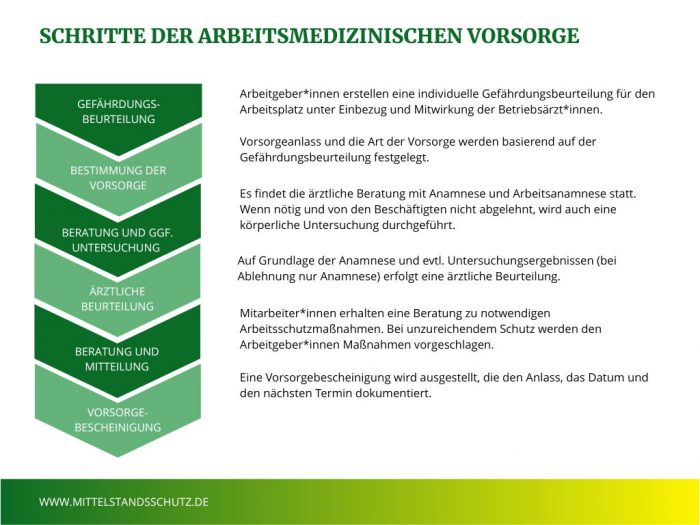 Grafik zu den einzelnen Schritten der arbeitsmedizinischen Vorsorge.